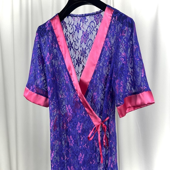 Vintage Purple Lace Wrap Robe Pink Satin Trim 80s Lingerie - Picture 8 of 16